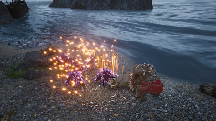 An image from King's Bounty 2 which shows a stone golem smashing the ground and creating an orange explosion around three purple demon dogs.