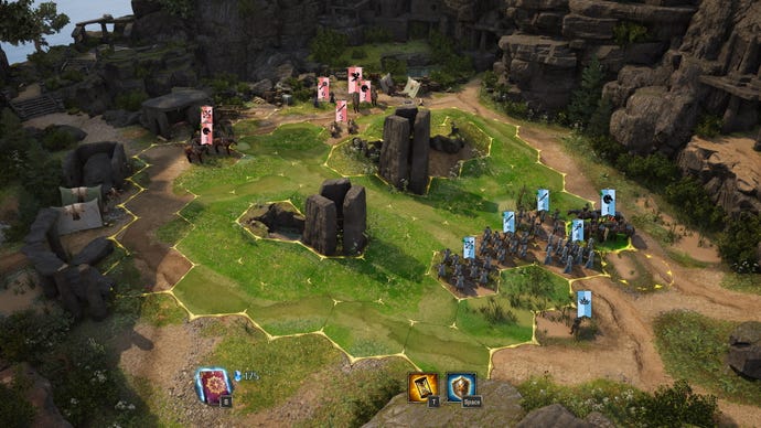 An image from King's Bounty 2 which shows two armies on either side of a hex-grid.