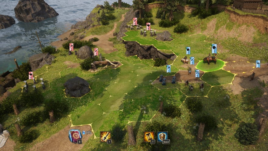 An image from King's Bounty 2 which shows a hex-grid battlefield with units poised to fight.