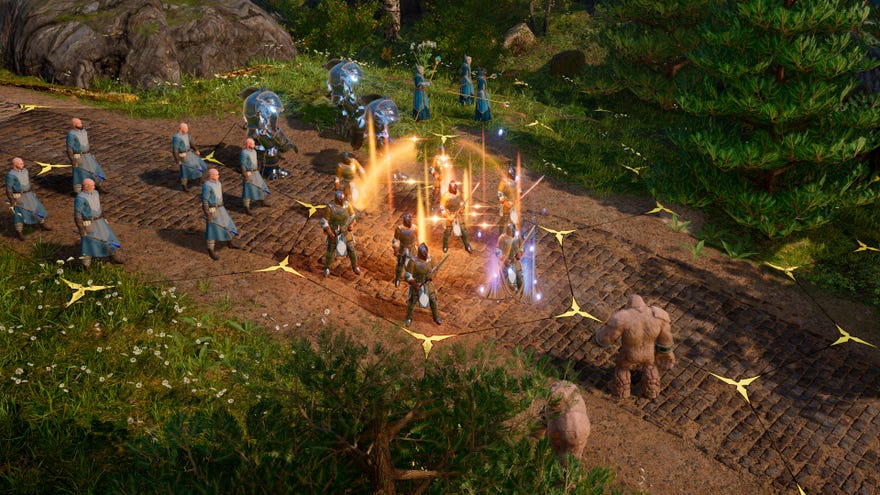 Wizards fighting golems on a hex battlefield in a King's Bounty 2 screenshot.