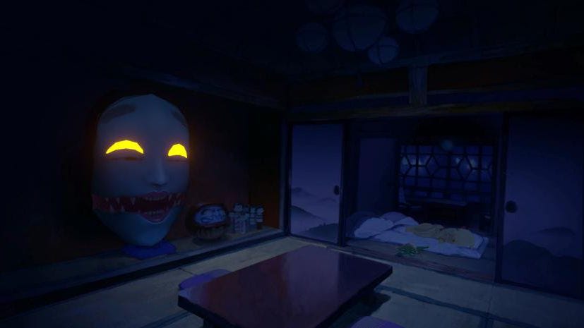 A yokai taking the form of a large, scary face staring out of a wall at night