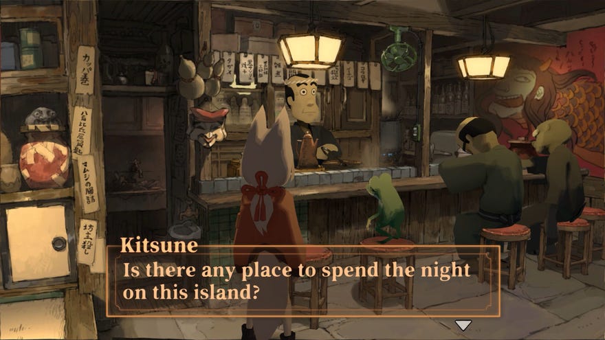Kitsune, the main character in Kitsune: The Journey Of Adashino, stands at a food stall and asks if there's anywhere to spend the night on the strange island she's on