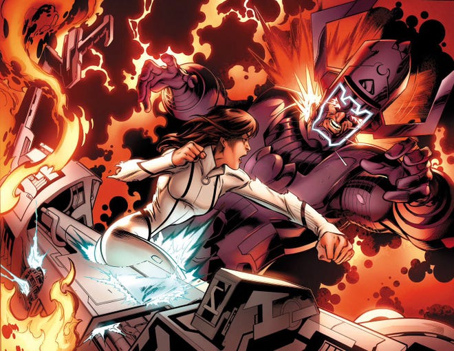 Comic panel featuring Kitty Pryde punching Galactus