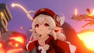Genshin Impact Klee materials: An anime girl with pointy ears, wearing a red cap and coat, is running in front of an explosion