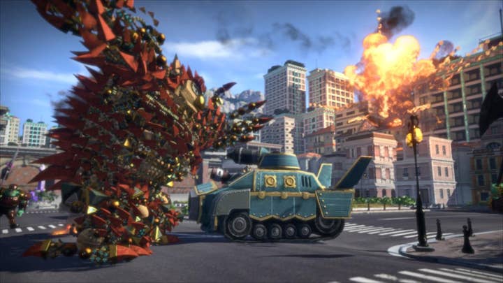 Knack, a giant made of pointy disconnected geometry, attacks a tank