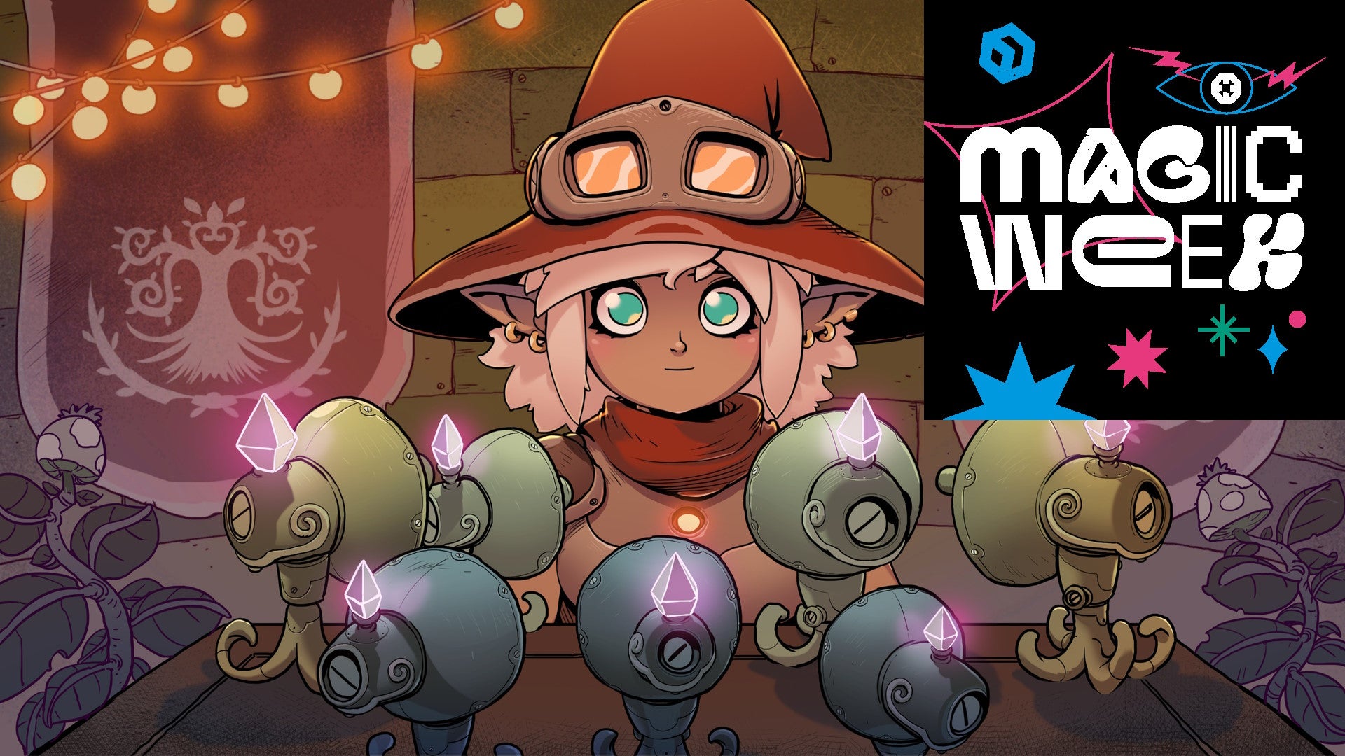 A witch from The Knight Witch stands in front of a line of microphones with the RPS Magic Week logo in the corner