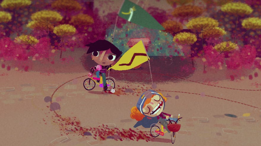 Two girls zoom around on bicycles in a Knights And Bikes screenshot.