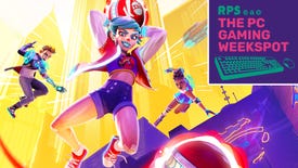 Key art for Knockout City, wherein a girl is holding a ball and about to throw it in front of her. The top right of the image shows The PC Gaming Weekspot logo.
