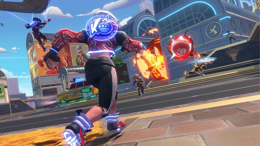 Knockout City - A player wearing athletic clothes and sneakers with glowing soles throws a red dodgeball at another player in a city courtyard with other players nearby.