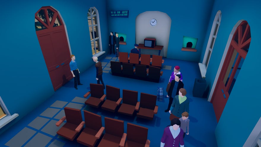 A screenshot Know By Heart, a new game by Ice-Pick Lodge, showing the blue shirted protagonist standing in a blue room. Many people are queuing. A guard is watching TV.