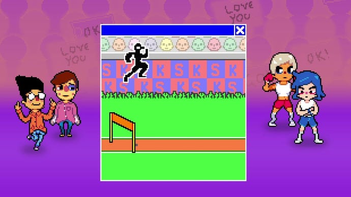Doing a hurdles minigame in Knuckle Sandwich.