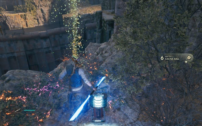 Cal slashes a plant near Derelict Dam in Jedi: Survivor.