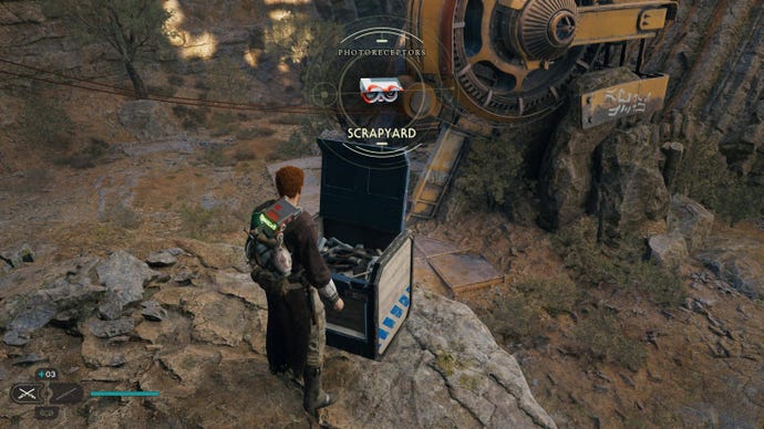 Cal stands next to a chest in Gorge Crash Site in Jedi: Survivor.