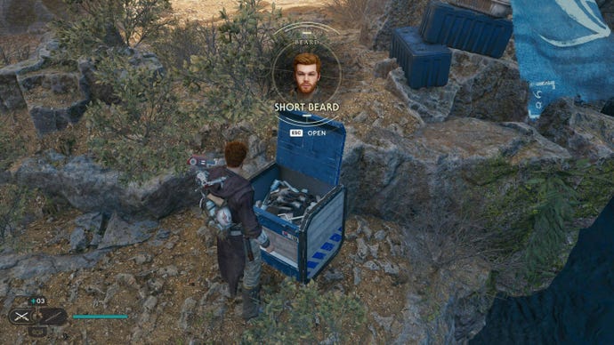 Cal opens a chest on the edge of a cliff in Jedi: Survivor and unlocks a new cosmetic beard type.