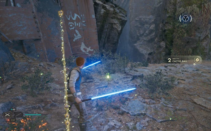 Cal slashes a plant containing a seed pod on Koboh in Jedi: Survivor.