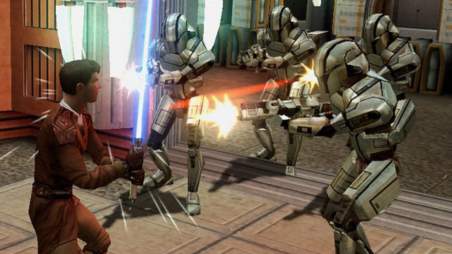 The player character defends against blaster shots with a blue lightsaber in Star Wars: Knights of the Old Republic