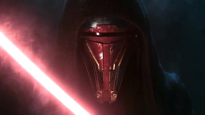 KOTOR protagonist Darth Revan holding a red Lightsaber glowing in the dark