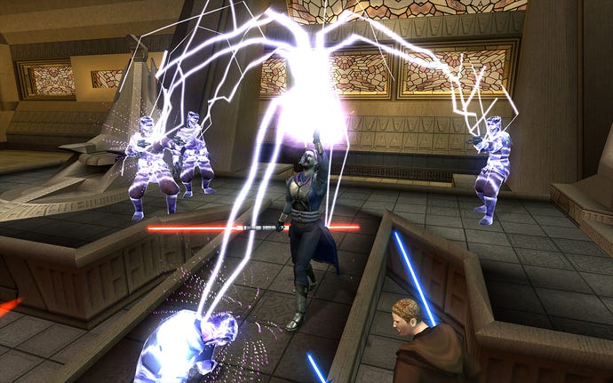 In Star Wars: The Knights Of The Old Republic II trifft ein Jedi mehrere Feinde mit Blitzen