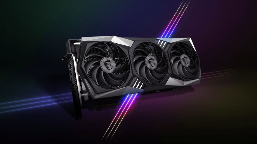 msi's radeon rx 6800 xt graphics card, pictured on a coloured background