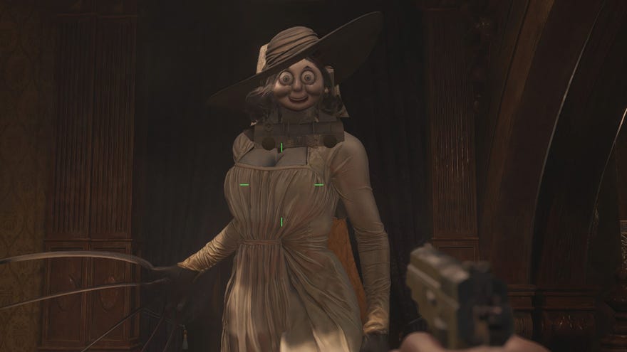 Lady Dimitrescu from Resident Evil Village. Her face hsa been swapped for Thomas the Tank Engine's