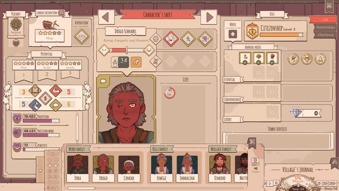 A character's screen in Lakeburg Legacies, an older man with one eye, showing all his likes and dislikes, attributes and preferred job track