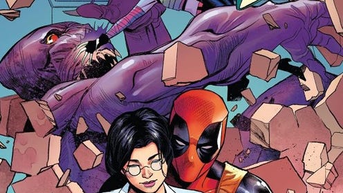 Cropped cover featuring Deadpool and Valentine with people fighting in the background
