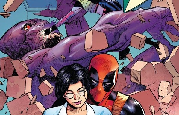 Cropped cover featuring Deadpool and Valentine with people fighting in the background