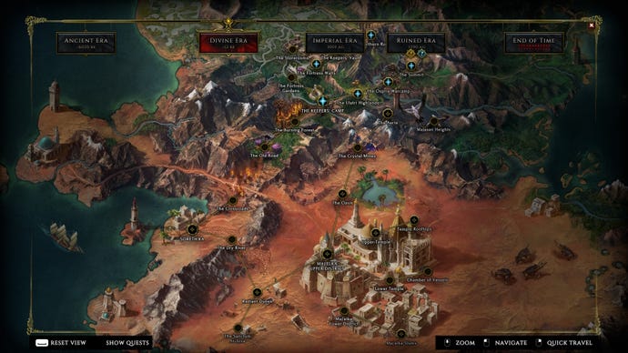 The Divine Era map screen in Last Epoch, showing an advanced desert empire and a lush surrounding forest