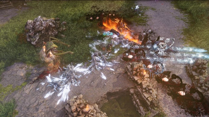 Several elemental spells are cast at once on enemies in a grassy field setting in Last Epoch
