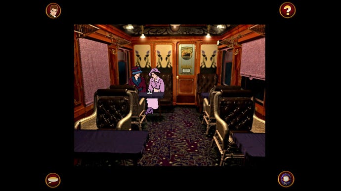 Two people converse in a train carriage in The Last Express