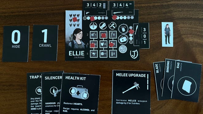 Ellie's player board and cards from the fan-made The Last of Us Board Game