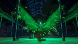 A still of a large green bird man from the Stranger Danger story ark in Last Stop.