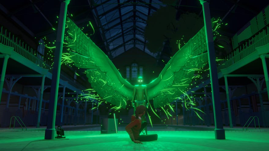 A still of a large green bird man from the Stranger Danger story ark in Last Stop.