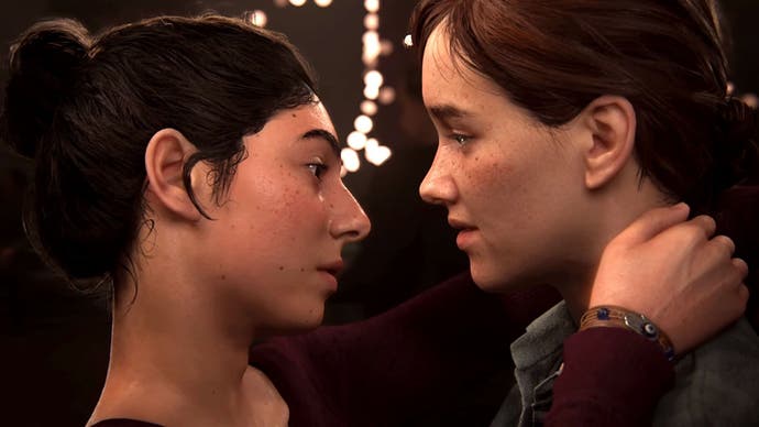 The Last of Us: Part 2 characters Dina and Ellie shape up for a kiss.