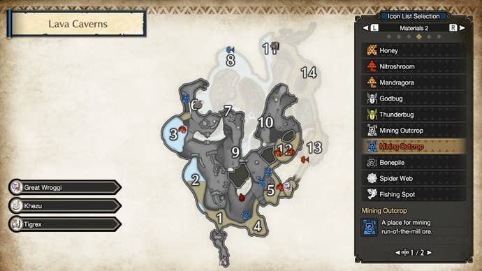 Mining outcrops in Monster Hunter Rise's lava caverns map, underground