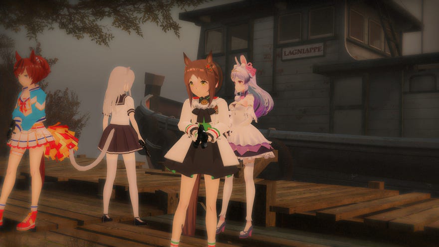 A group of armed anime girls pose in a modded Left 4 Dead 2 screenshot.