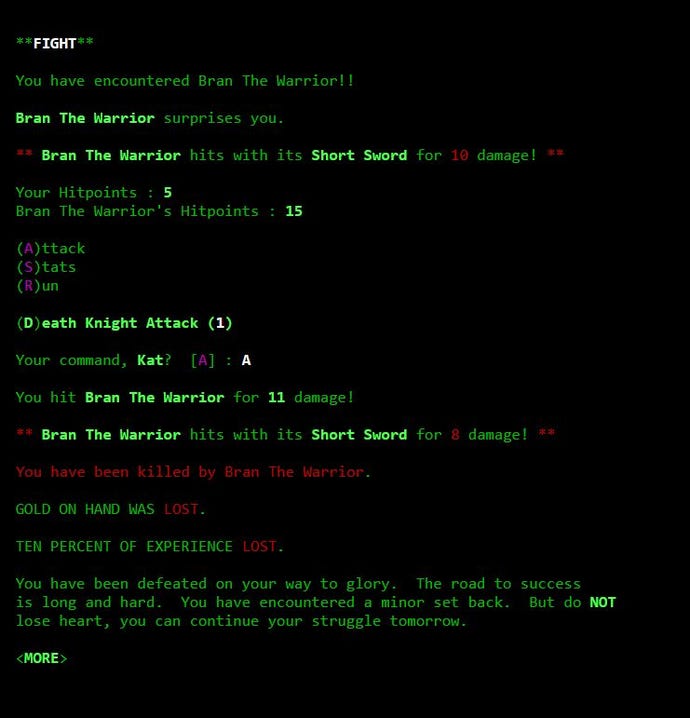 A screenshot of the Legend Of The Red Dragon text adventure in GEAR LORD. The player character, Kat, has been ambushed and killed by Bran The Warrior
