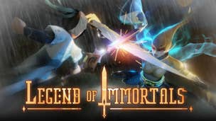 Artwork for Roblox game Legend of Immortals showing two characters having a sword fight with sparks flying as blades clash.