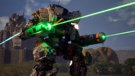 A mech shooting green lasers in Mechwarrior 5 Mercenaries.