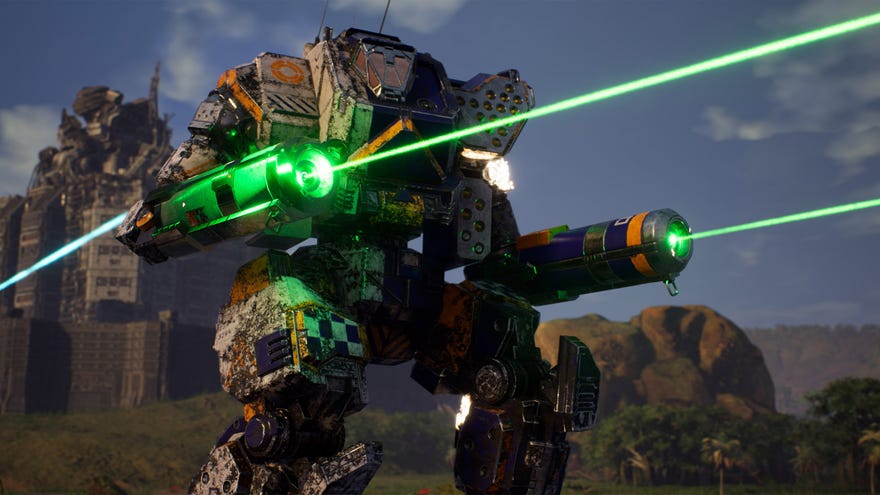 A mech shooting green lasers in Mechwarrior 5 Mercenaries.