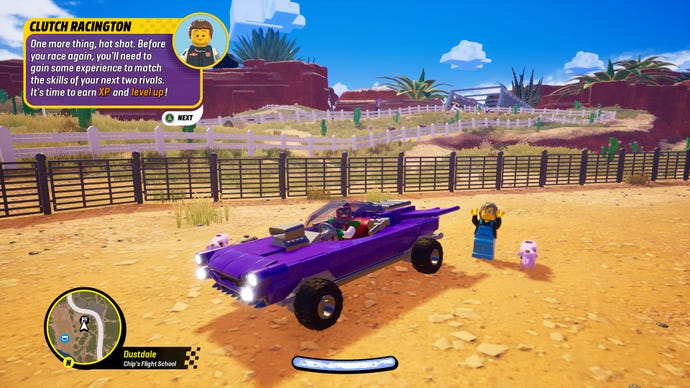 A screenshot from Lego 2KDrive which shows a purple muscle car next to a pig farmer, a pop-up on the screen says to "earn more EXP".
