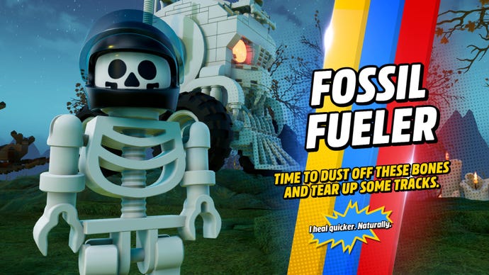 A screenshot from Lego 2K Drive which shows a skeleton racer called Fossil Fueler.