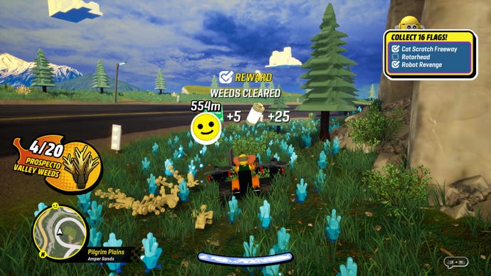 Une capture d'écran de Lego 2KDrive qui montre le joueur ayant tondu des mauvaises herbes dans la vallée de Prospecto.