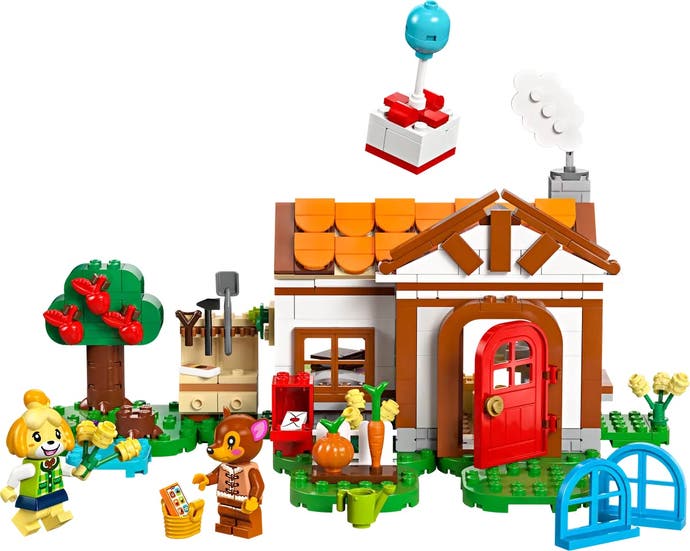Versión Lego de Isabelle visitando Fauna fuera de su casa.  Un globo con un regalo flota sobre ellos.