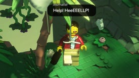 A journalist in Lego Bricktales, tangled up in a parachute hanging from a tree, screaming 'HEEEELP!'