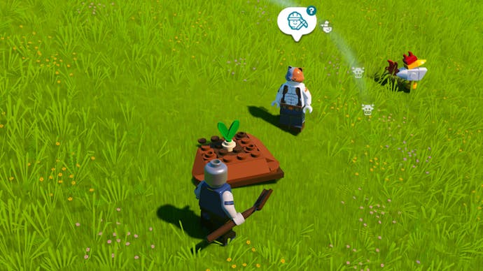 lego fortnite character and meows in front of a plot of soil growing wheat
