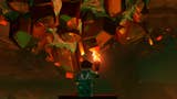 lego fortnite character facing copper deposit in lava cave with flame torch