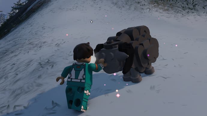 lego fortnite character petting  gray sheep in a frozen biome