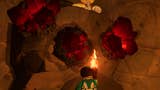lego fortnite character with flame torch facing ruby formations in lava cave