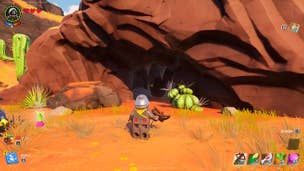 Lego Fortnite copper: A Lego man in a dark cloak is standing on a patch of dusty ground, staring into the burning, unforgiving depths of a lava cave